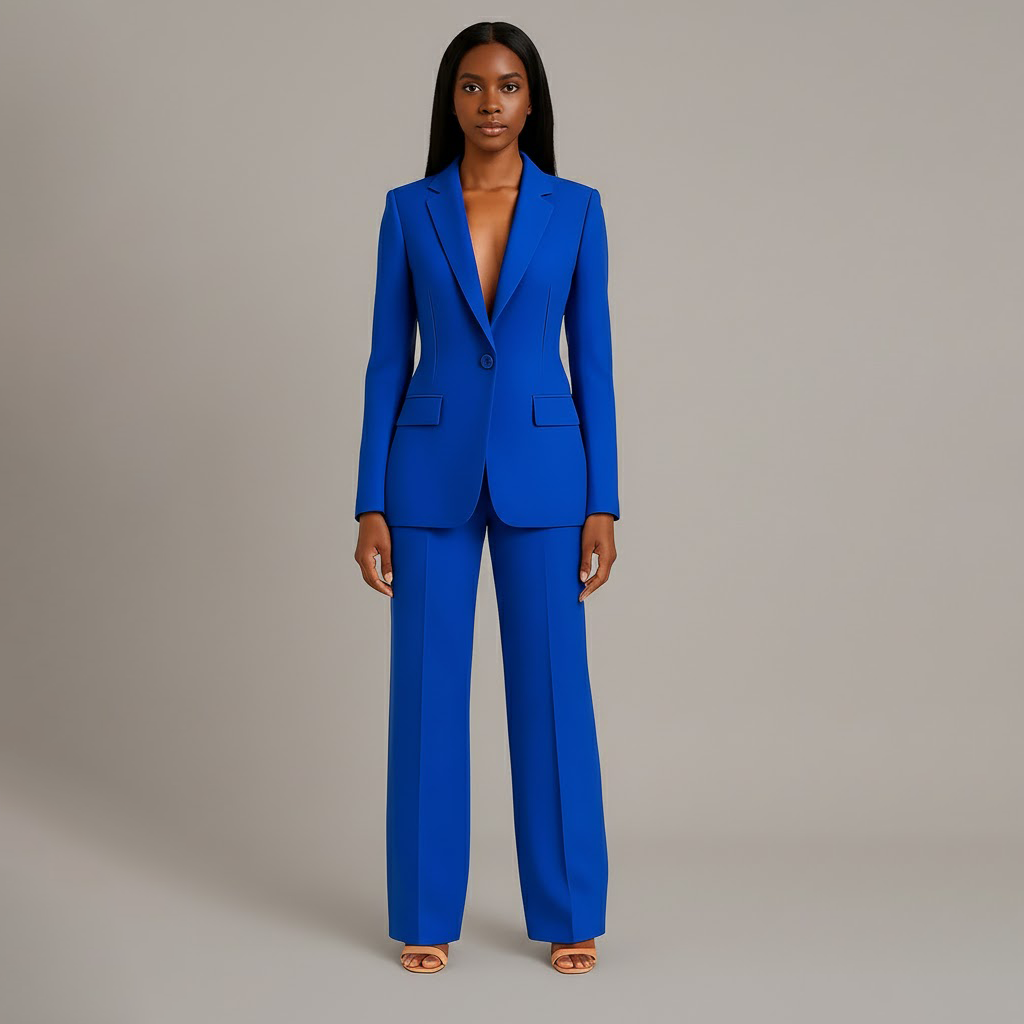 Women's tailored trouser suit set with longline blazer and wide-leg trousers