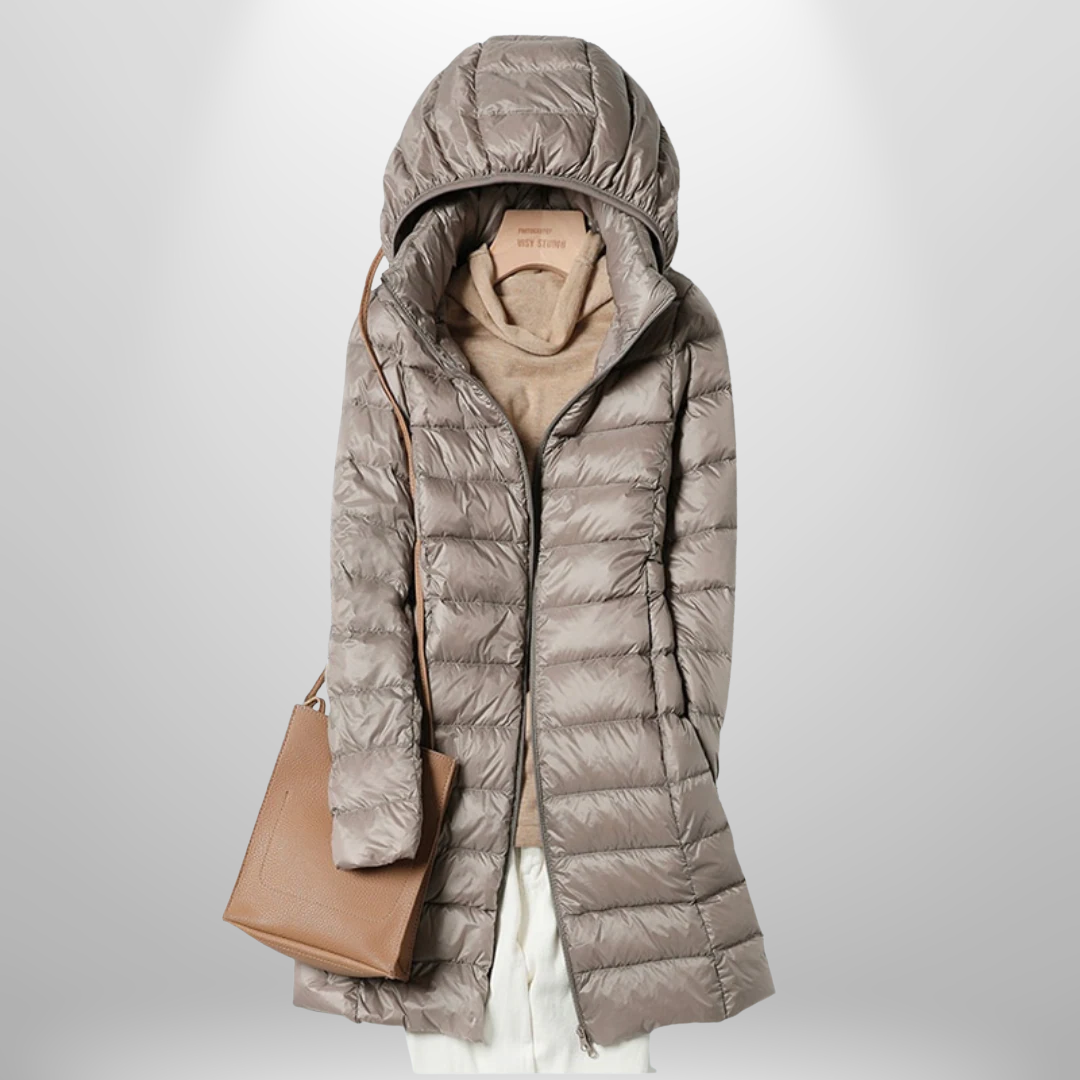 Women's longline hooded quilted puffer jacket with front zip fastening