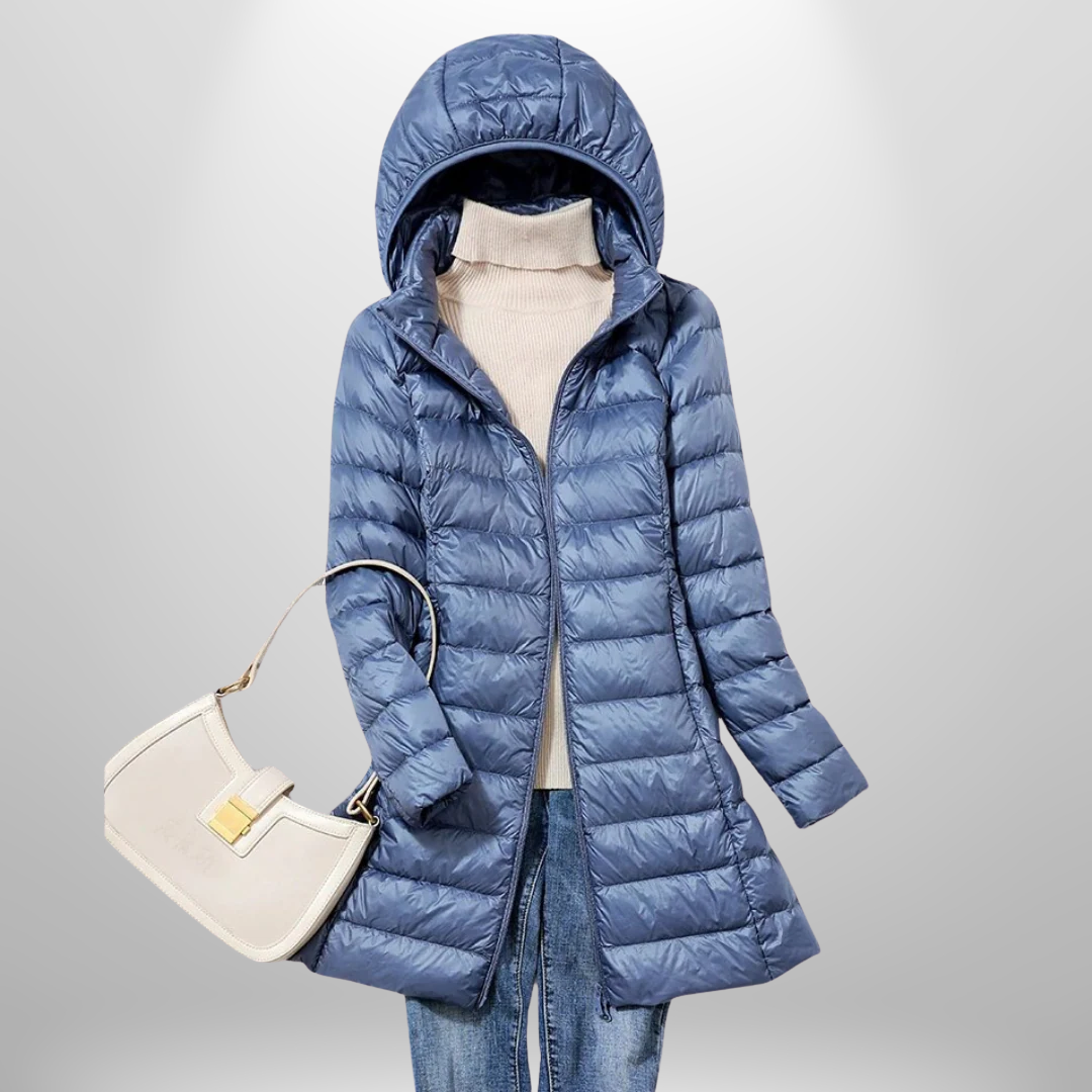 Women's longline hooded quilted puffer jacket with front zip fastening