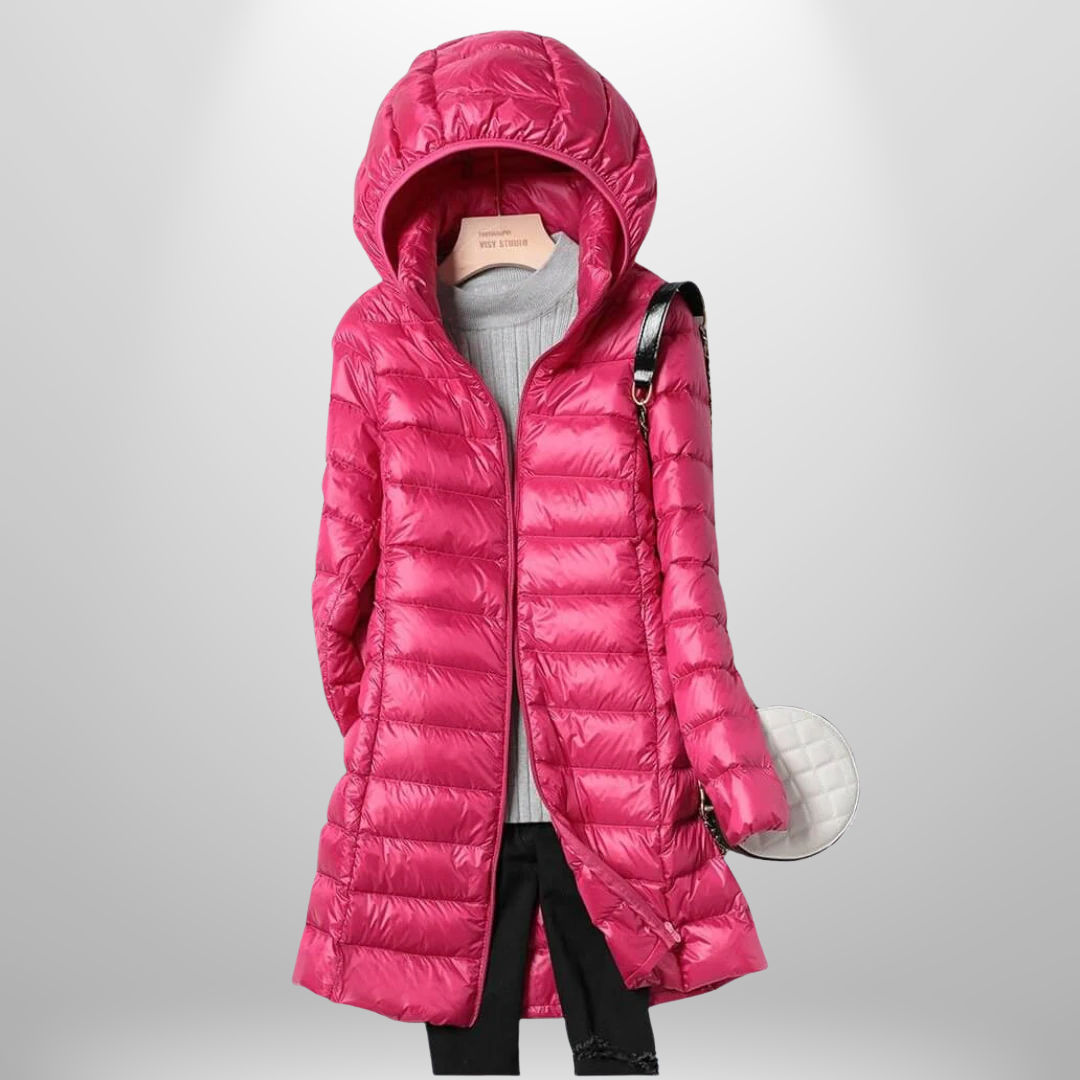 Women's longline hooded quilted puffer jacket with front zip fastening