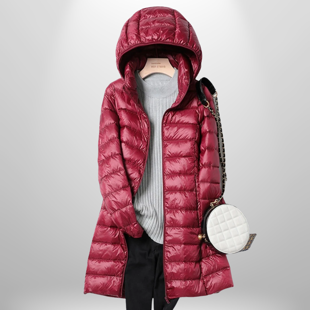 Women's longline hooded quilted puffer jacket with front zip fastening