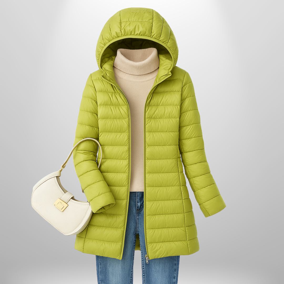 Women's longline hooded quilted puffer jacket with front zip fastening