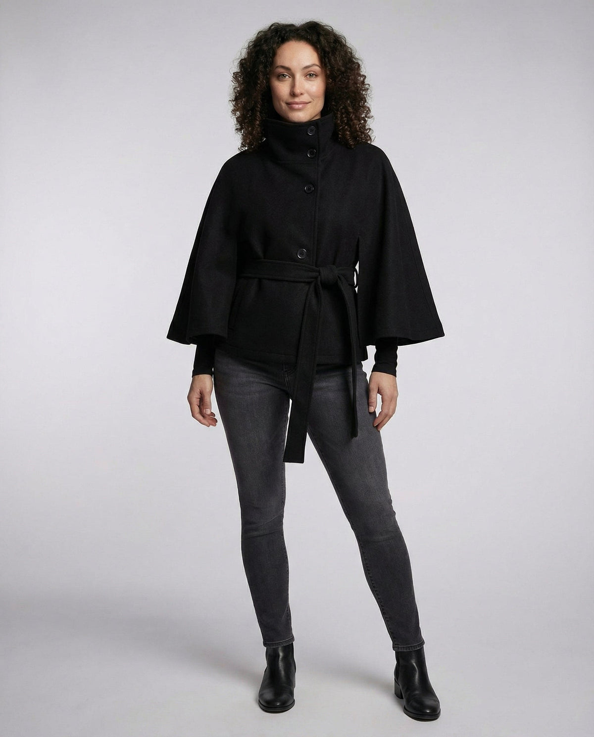 Women's belted funnel neck jacket with button front and flared sleeves