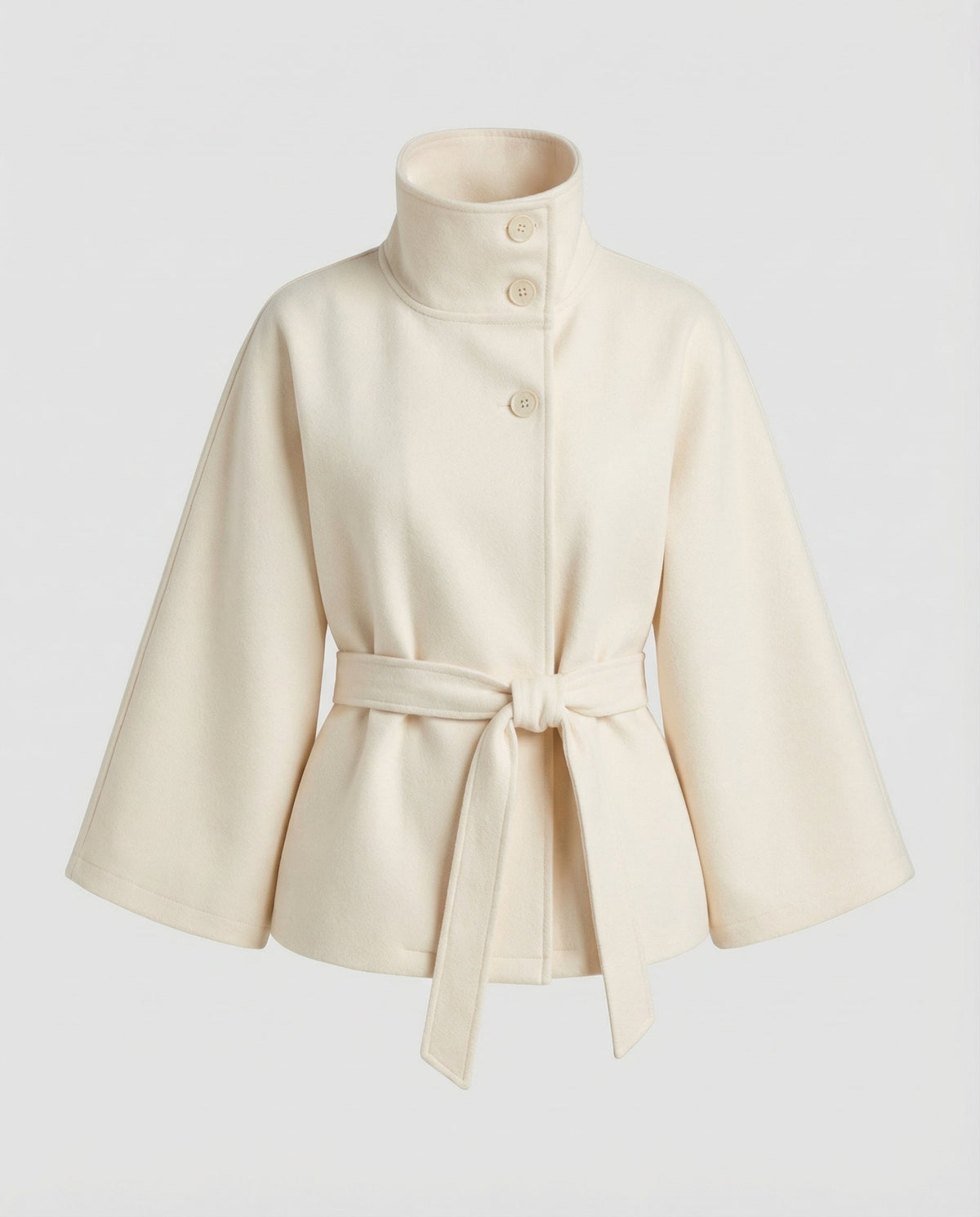 Women's belted funnel neck jacket with button front and flared sleeves