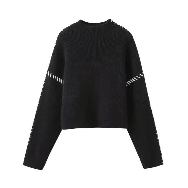 Women's ribbed knit sweater with contrasting stitch trim and long sleeves