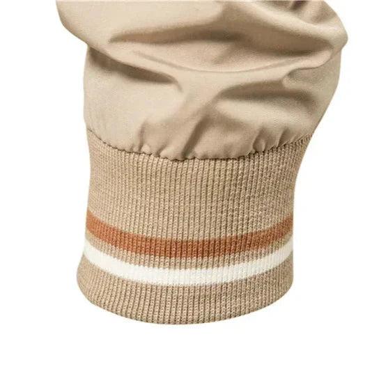 Men's Bomber Jacket Zip-Up Striped Ribbed Collar - Beige