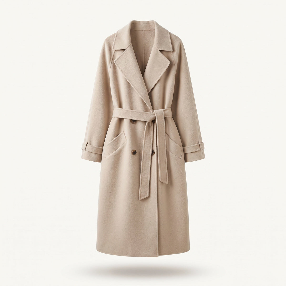 Women's long belted trench coat with notched lapels, buttons and angled pockets