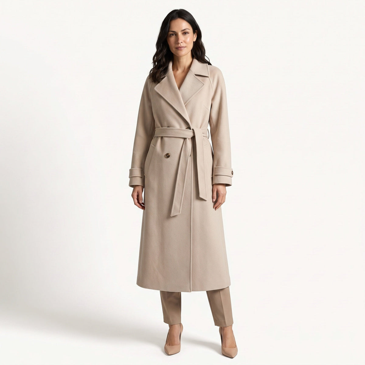 Women's long belted trench coat with notched lapels, buttons and angled pockets