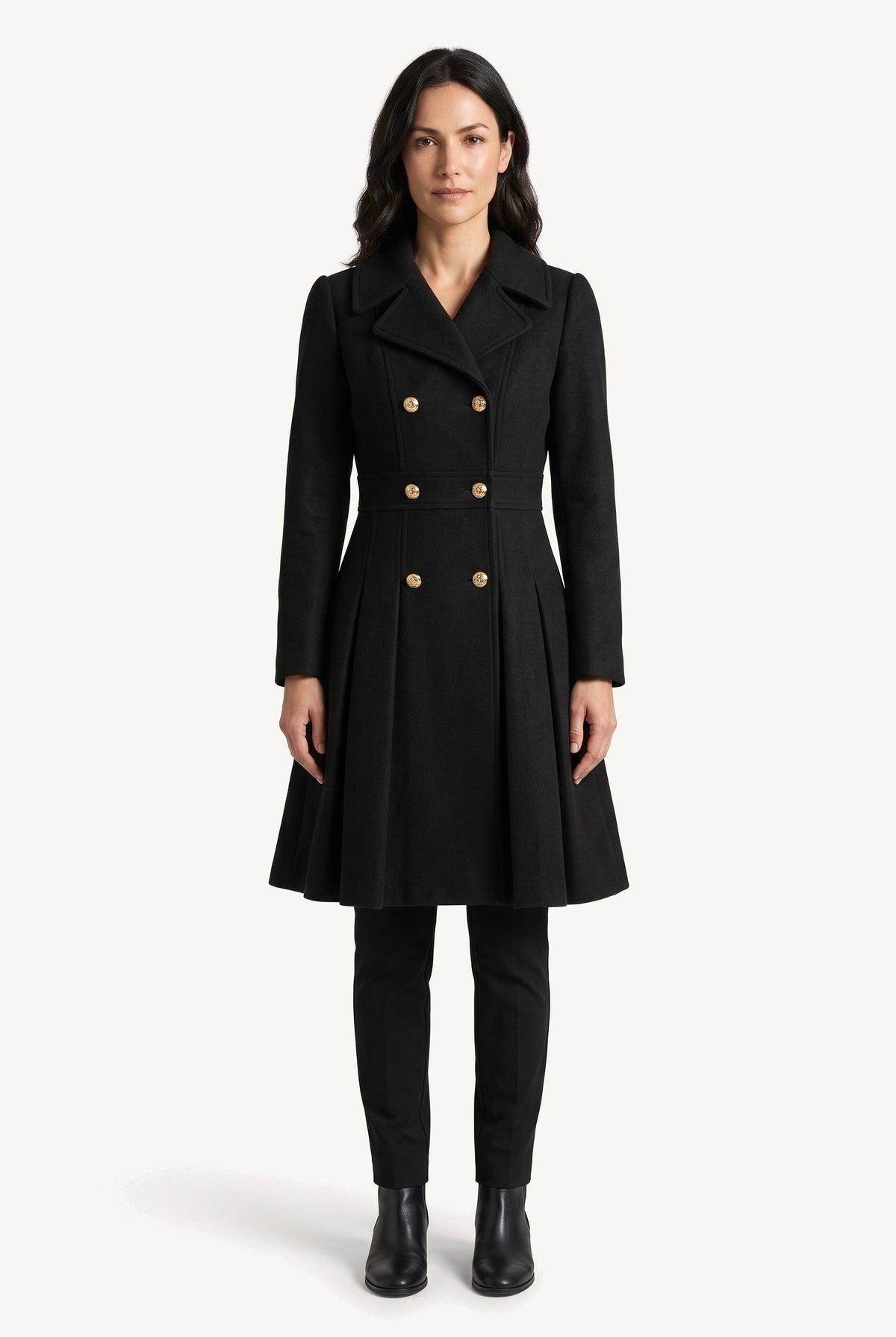 Women's double-breasted flared coat with notched lapels and long sleeves
