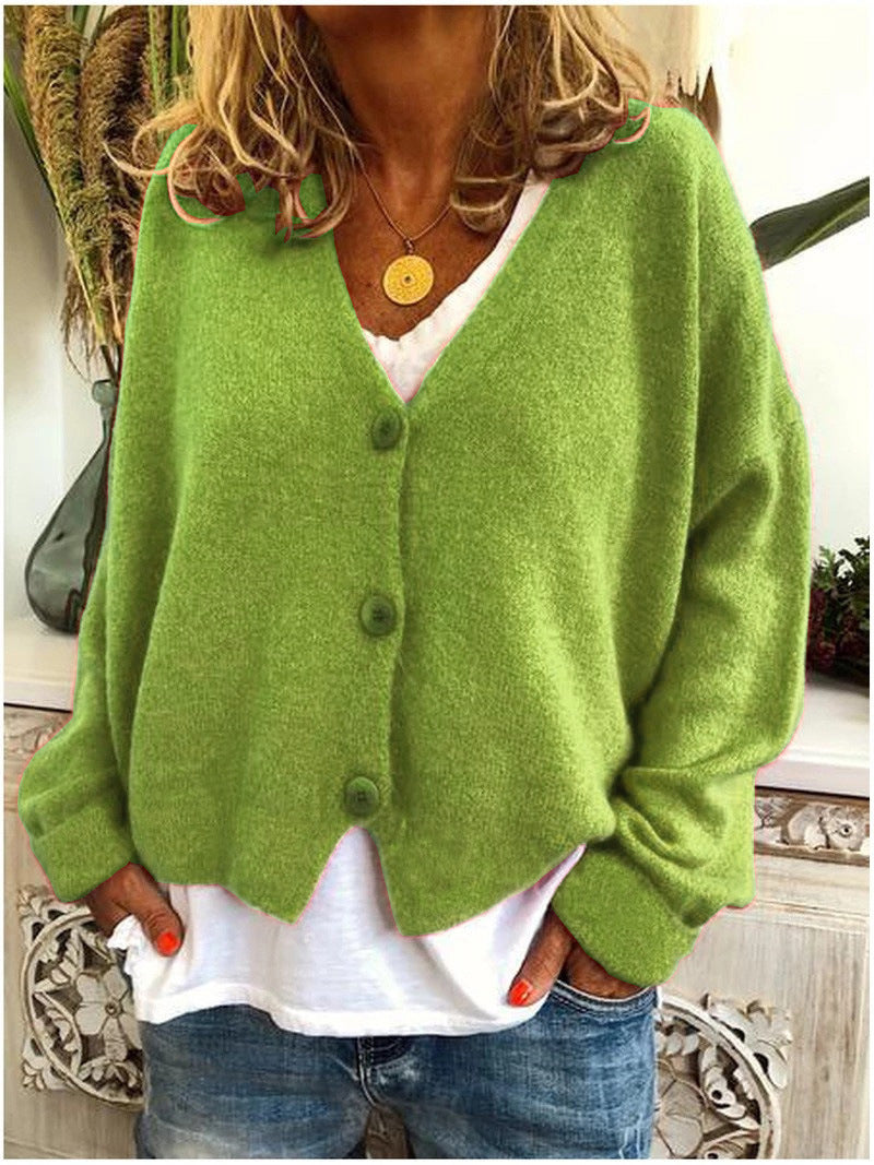Women's V-neck button cardigan with long sleeves and ribbed trims