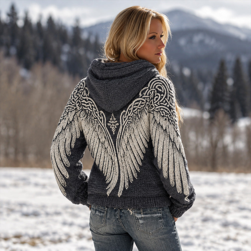 Women's hooded jumper with wing and Celtic knot jacquard motif