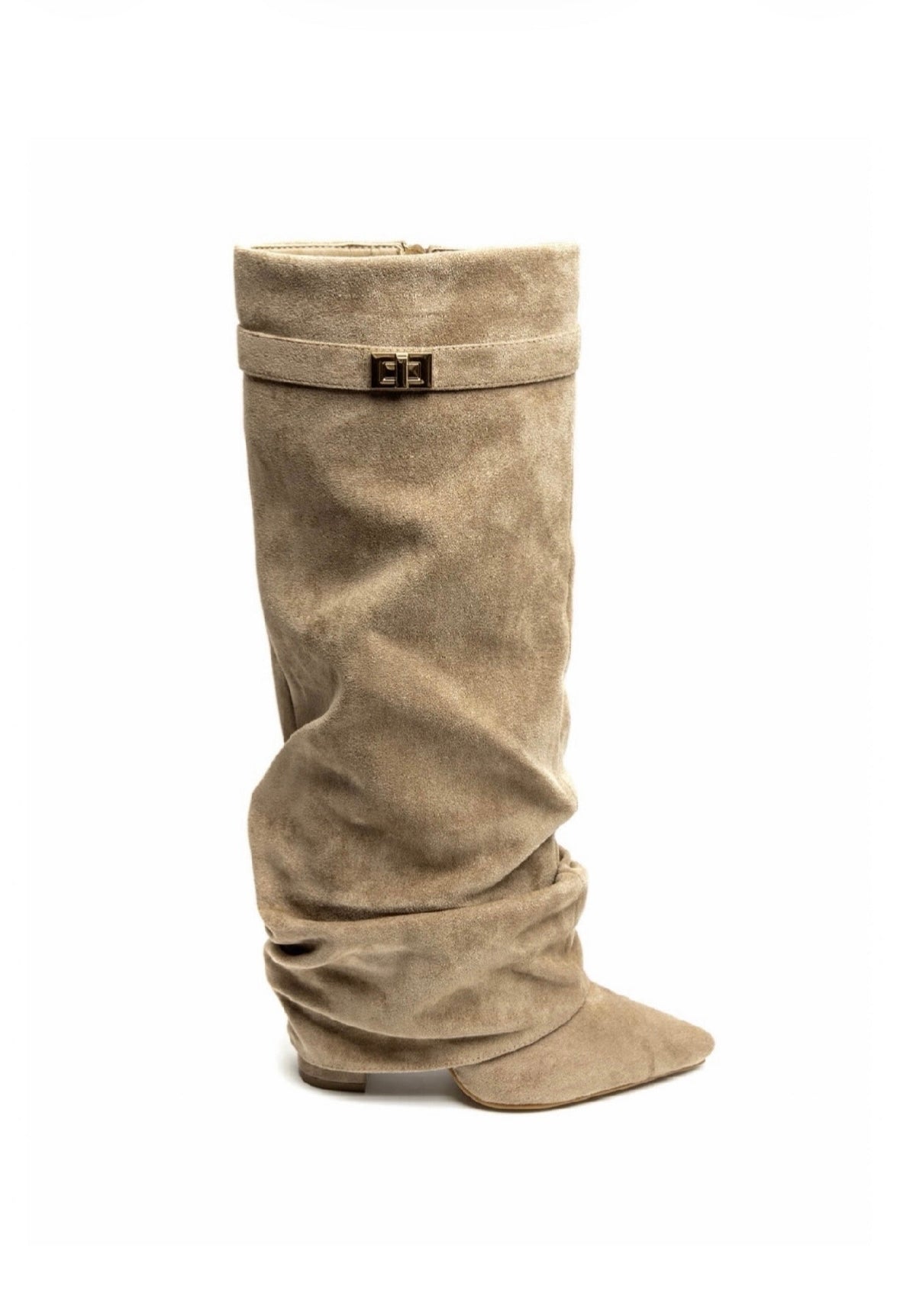 Beige slouch knee-high boots with pointed toes, low heels and buckle strap detail