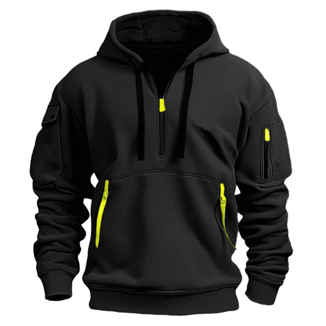Men's hooded half-zip sweatshirt with zipped pockets and long sleeves