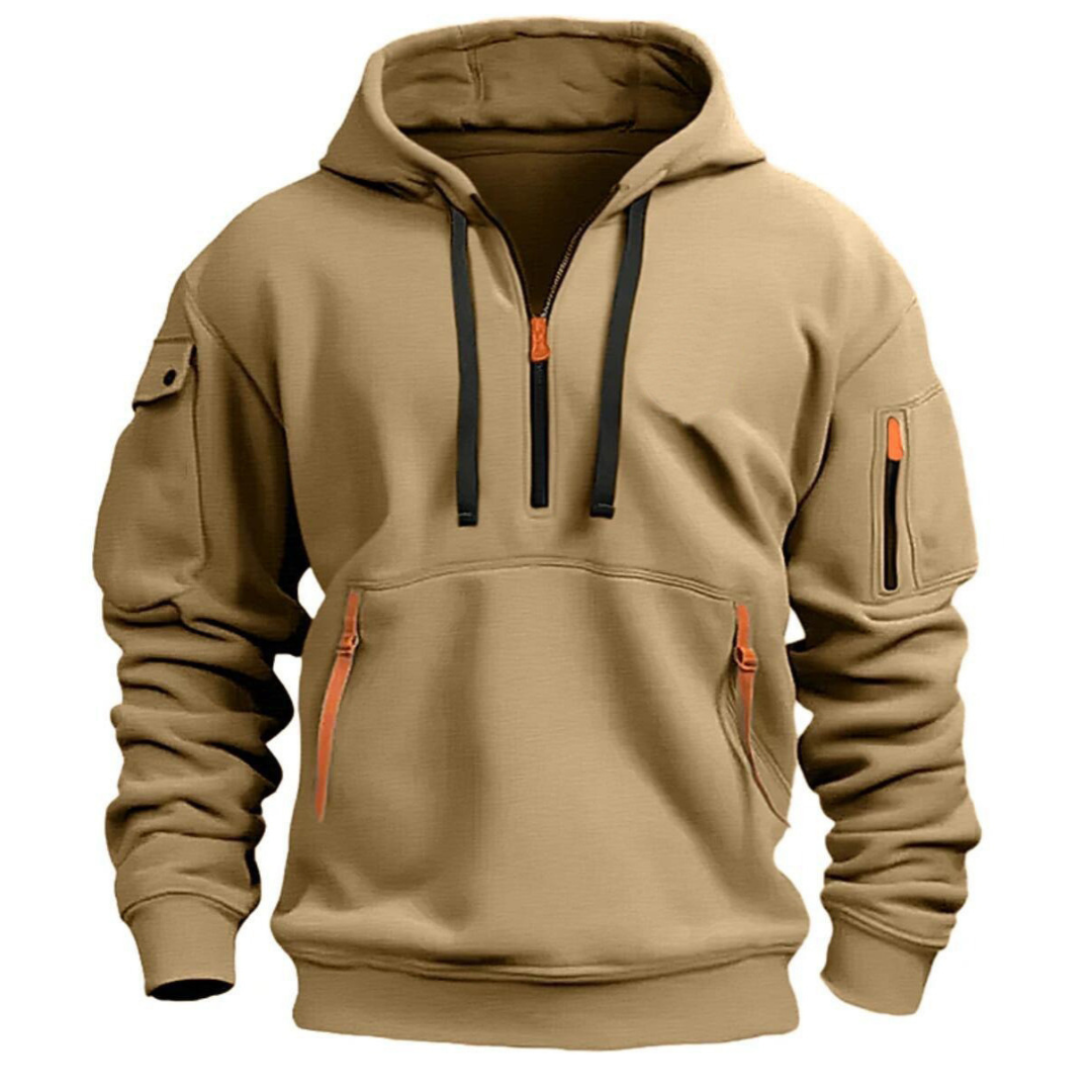 Men's hooded half-zip sweatshirt with zipped pockets and long sleeves