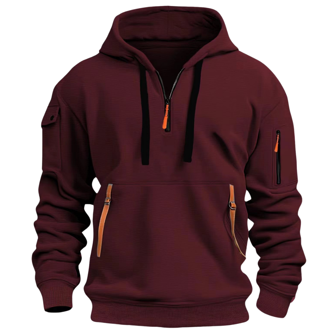 Men's hooded half-zip sweatshirt with zipped pockets and long sleeves