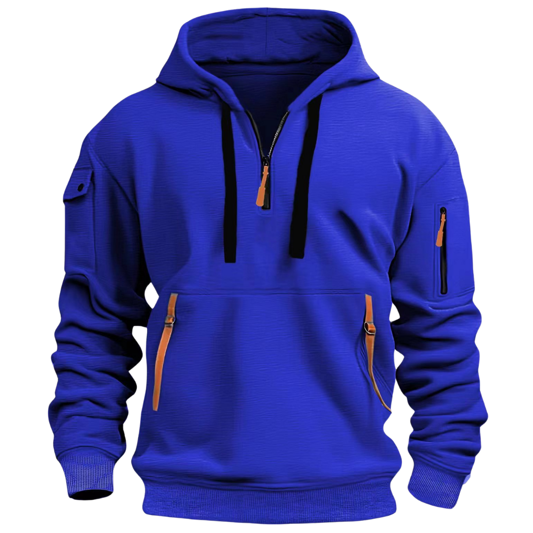 Men's hooded half-zip sweatshirt with zipped pockets and long sleeves