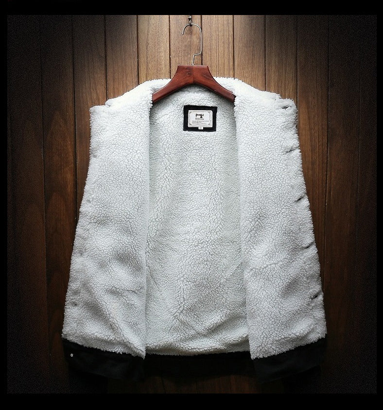 Men's denim jacket with contrasting white fleece lining, button front and chest pockets