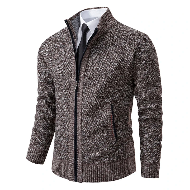 Men's textured zip-up sweater with mock neck and front zip pockets