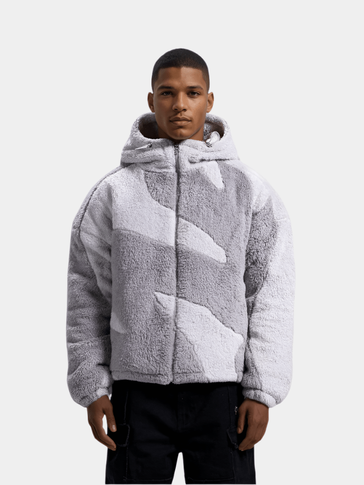 Men's hooded fleece jacket with geometric tonal panels and front zip
