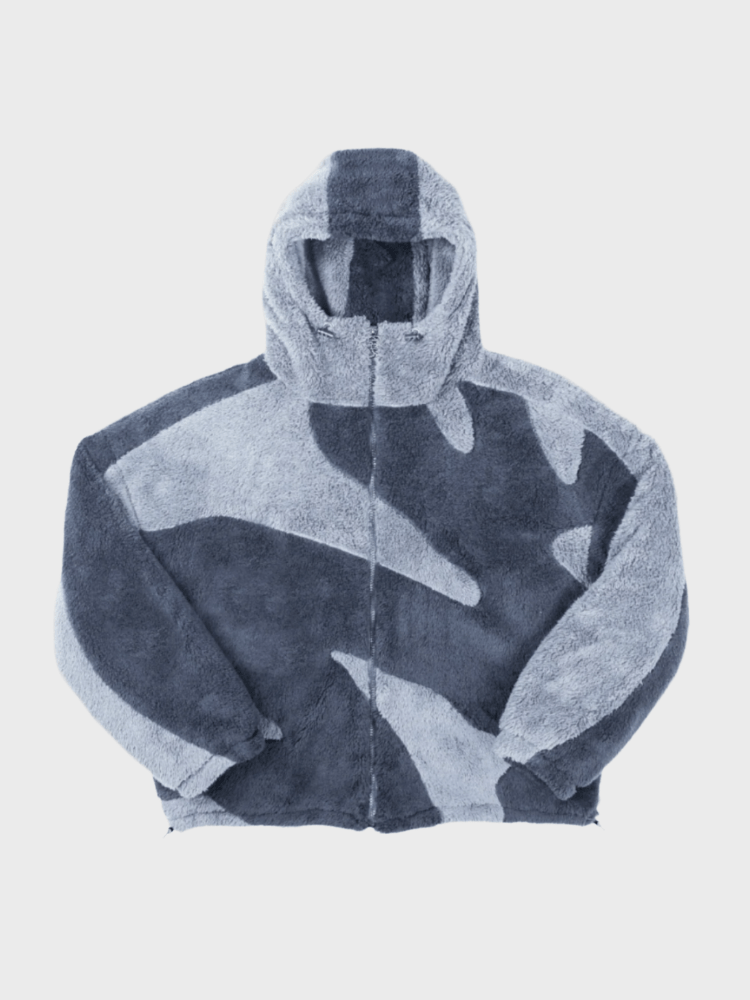 Men's hooded fleece jacket with geometric tonal panels and front zip