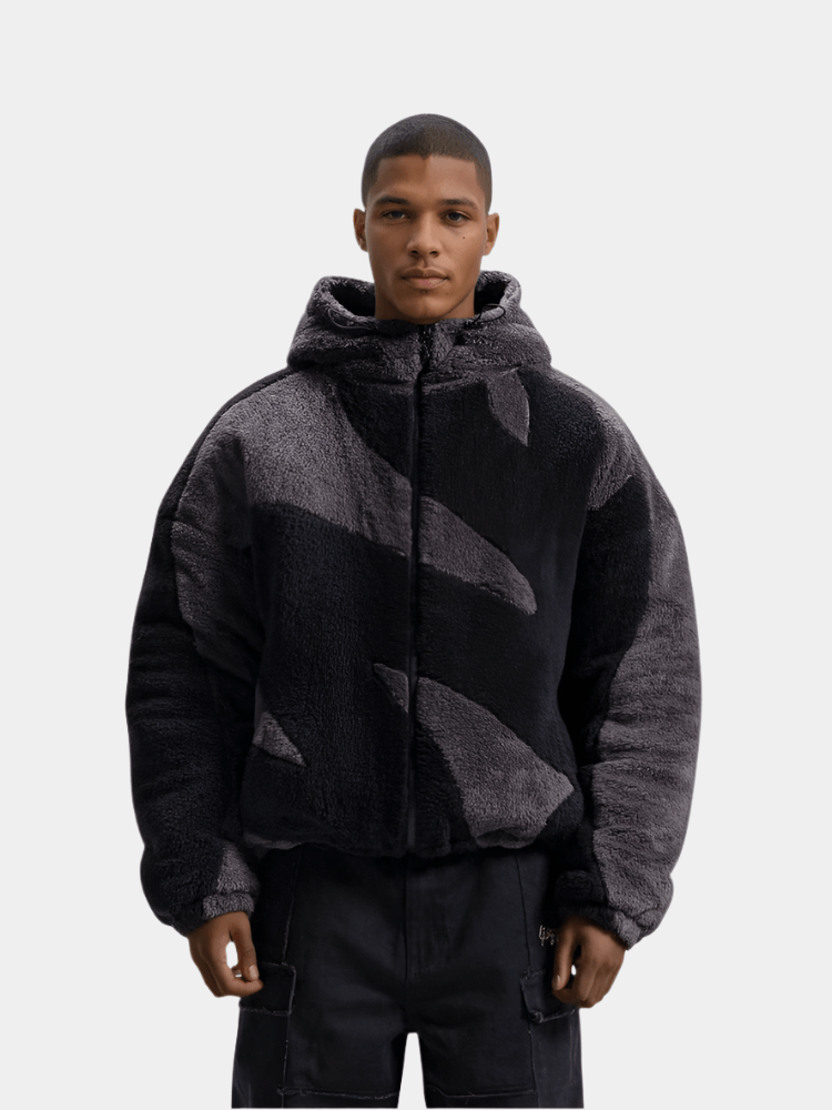 Men's hooded fleece jacket with geometric tonal panels and front zip