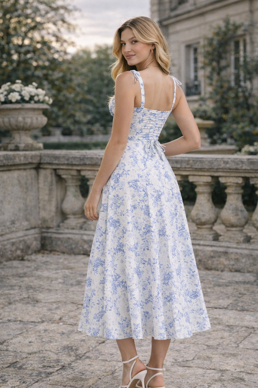 Women’s Floral Bustier Midi Dress | Blue Porcelain