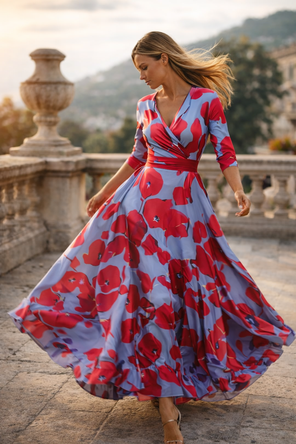 Women’s Floral Wrap Midi Dress | Blue Red