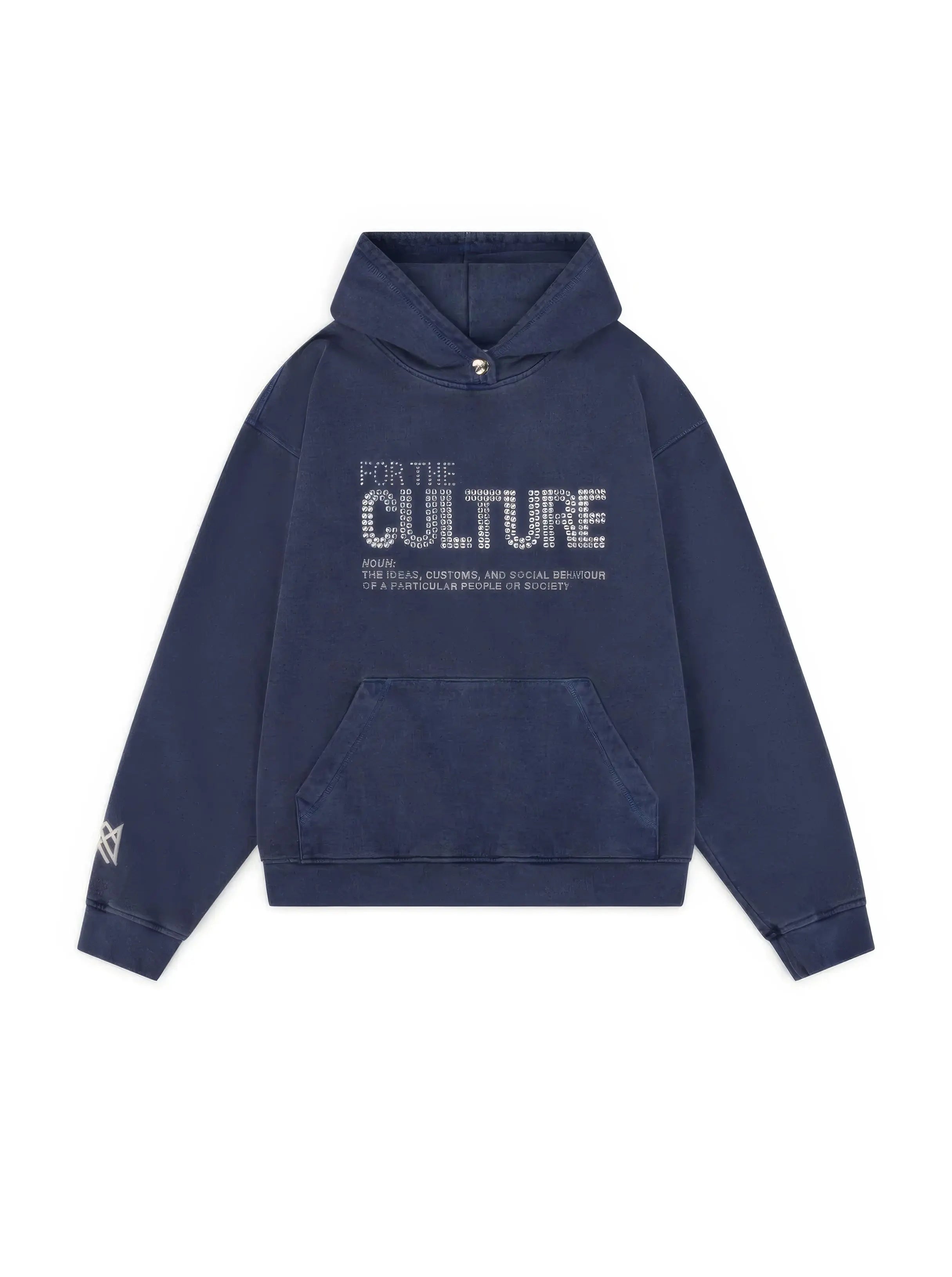 Women's blue hoodie with hood, front graphic, pouch pocket and long sleeves