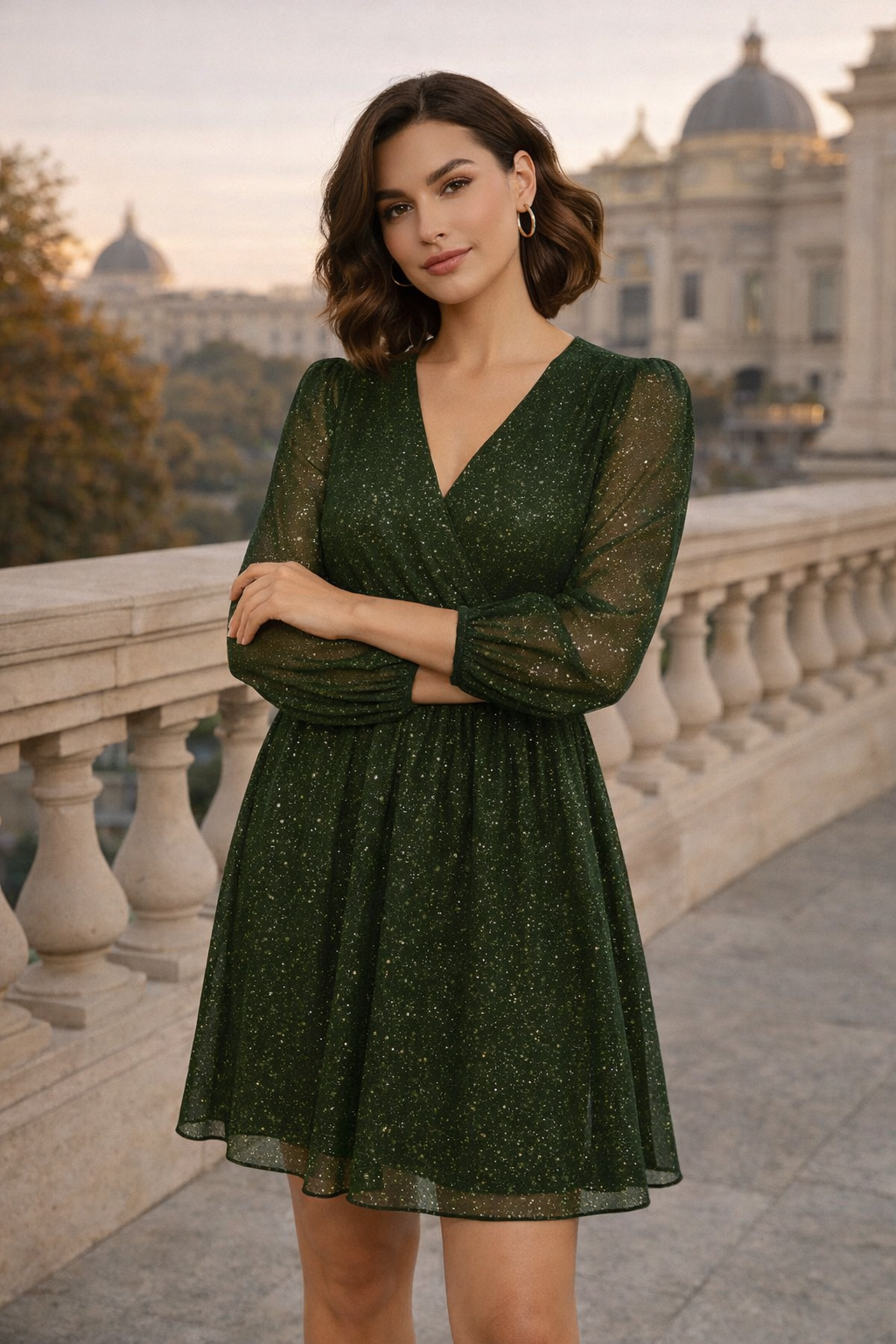 Women's Glitter Wrap Mini Dress Long Sleeve