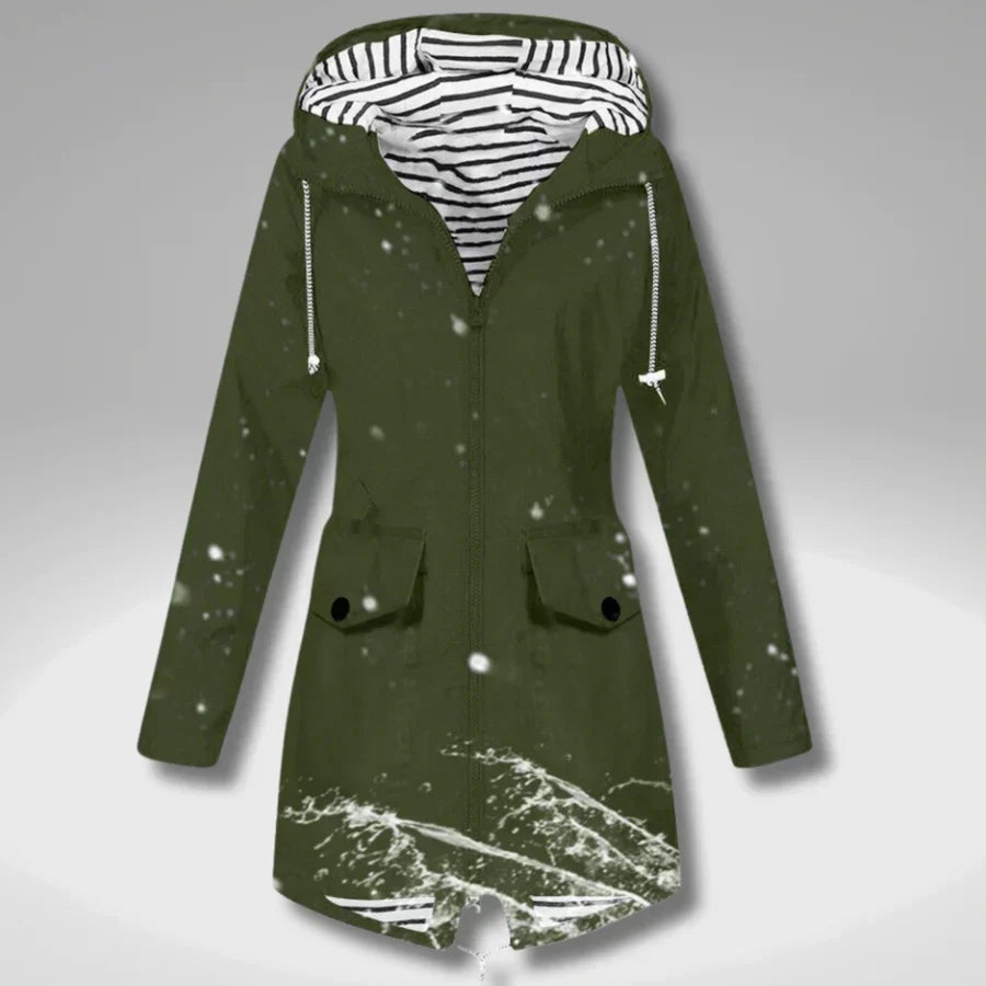 Women's hooded long-sleeve trench coat with zip front and flap pockets