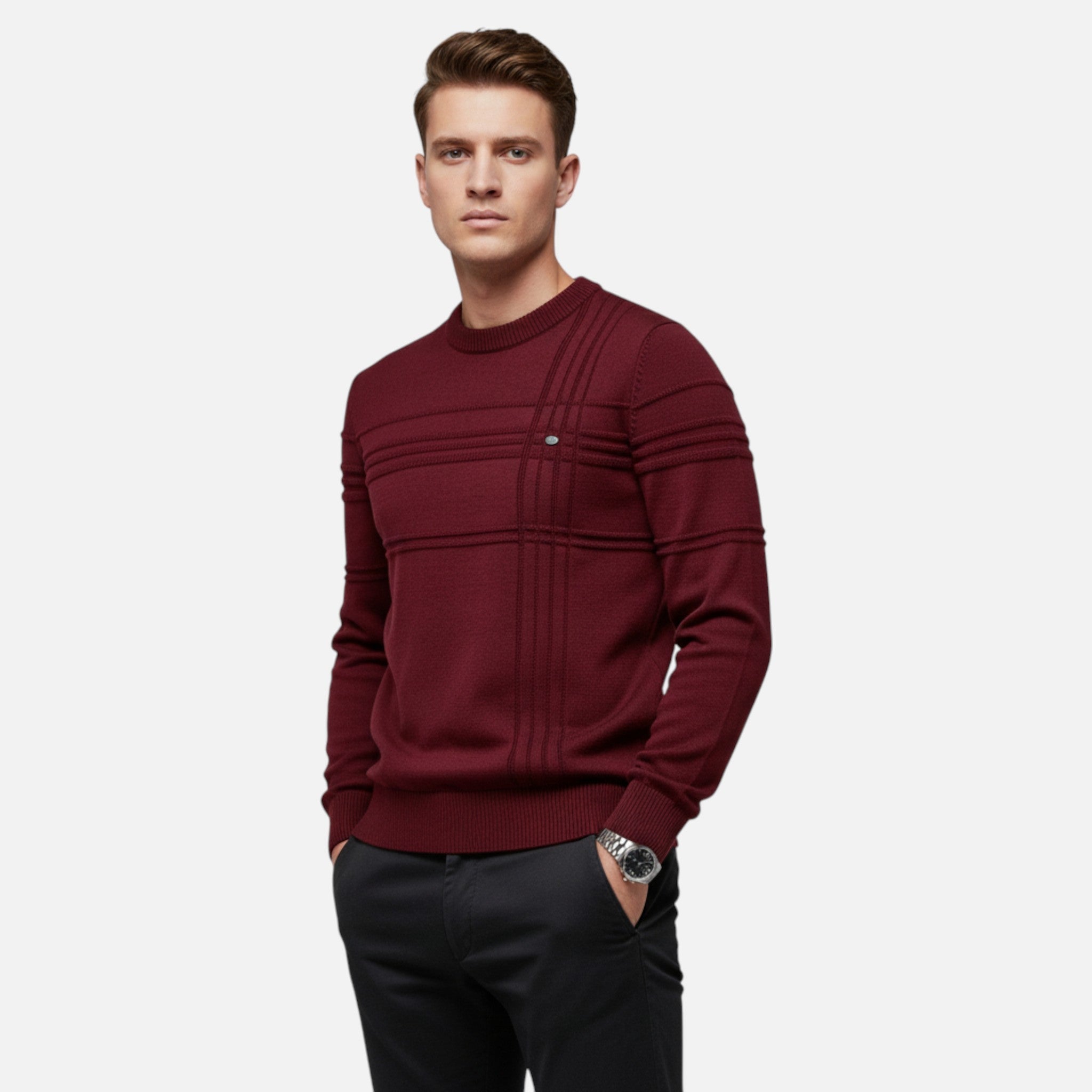 Men's long-sleeved striped crew neck jumper with ribbed trims