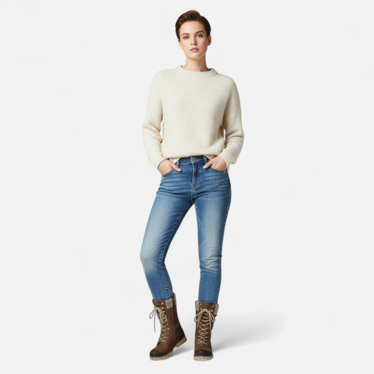 Women's winter lace-up boots with knitted cuffs and flat lug soles