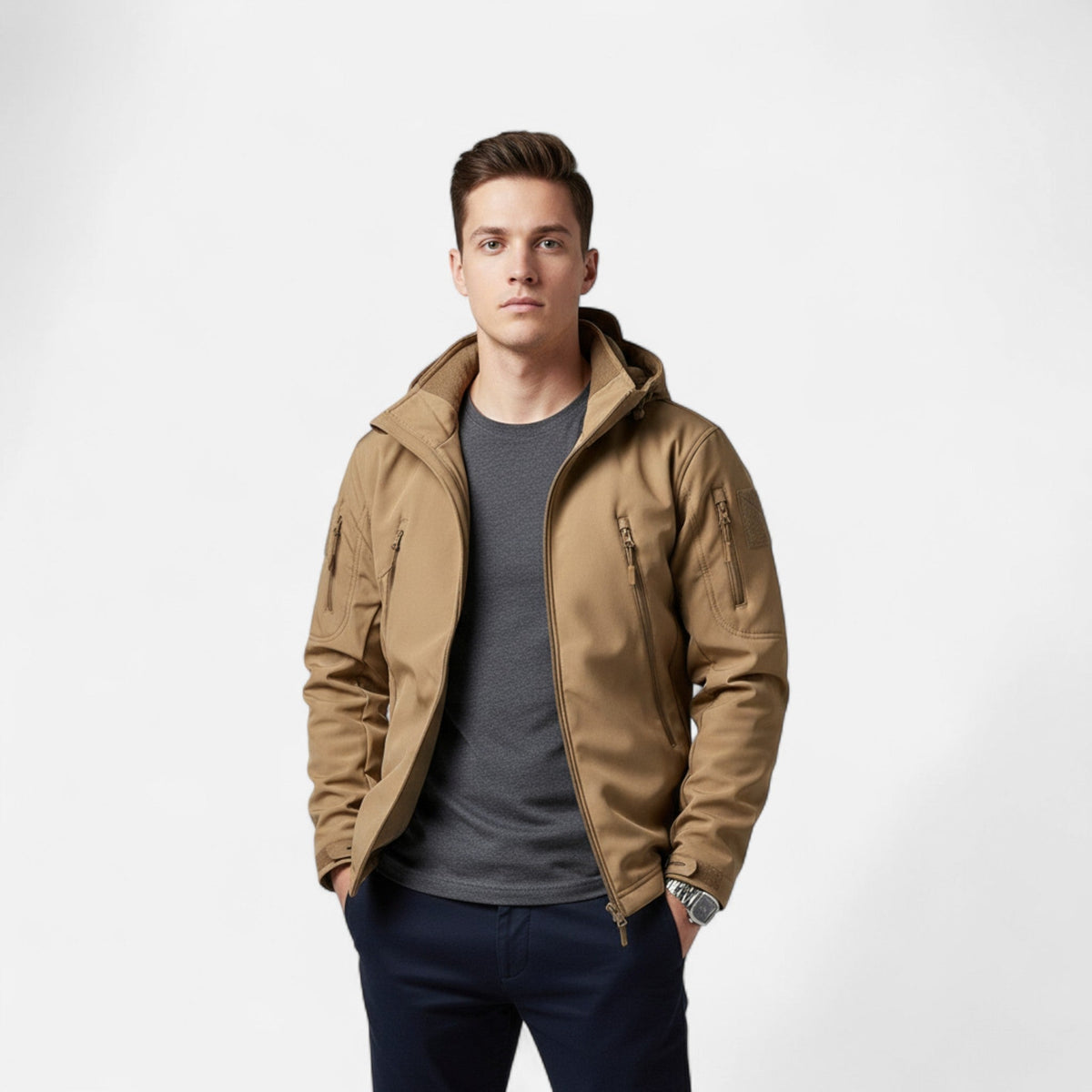 Men's hooded full-zip jacket with multiple zipped pockets and adjustable cuffs
