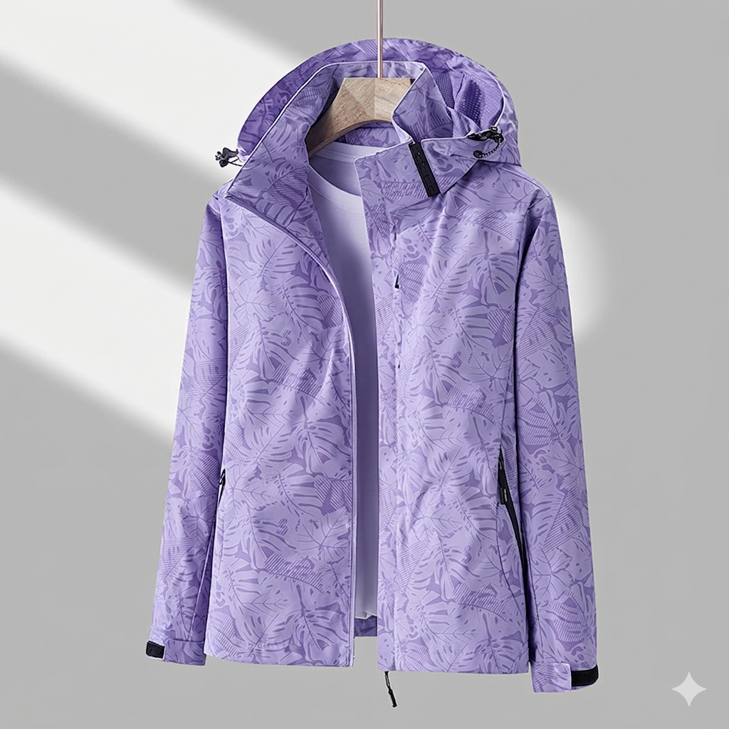 Women's Hooded Jacket Weatherproof Leaf-Print Drawcord - Purple