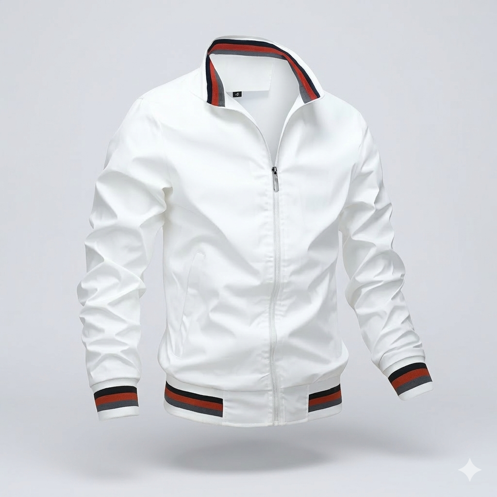 Men's Bomber Jacket Lightweight Zip-Up Stand Collar - White