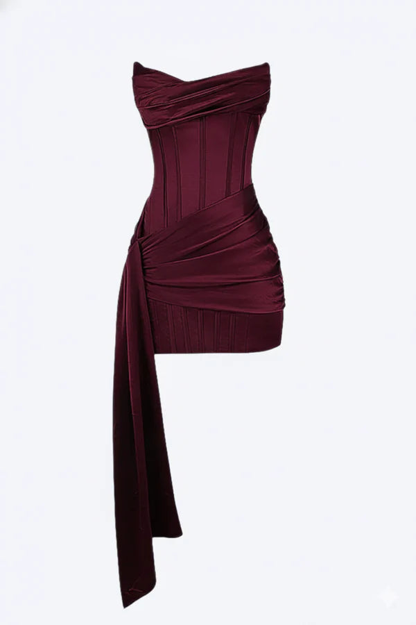 Women's Satin Burgundy Strapless Mini Dress Draped