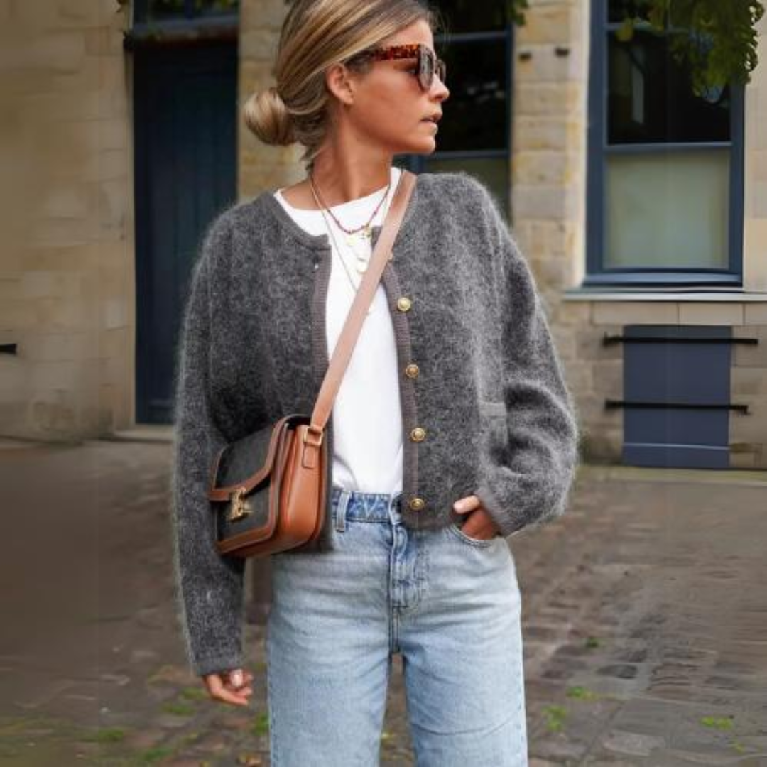 Women's grey fluffy knit cardigan with round neck and front buttons
