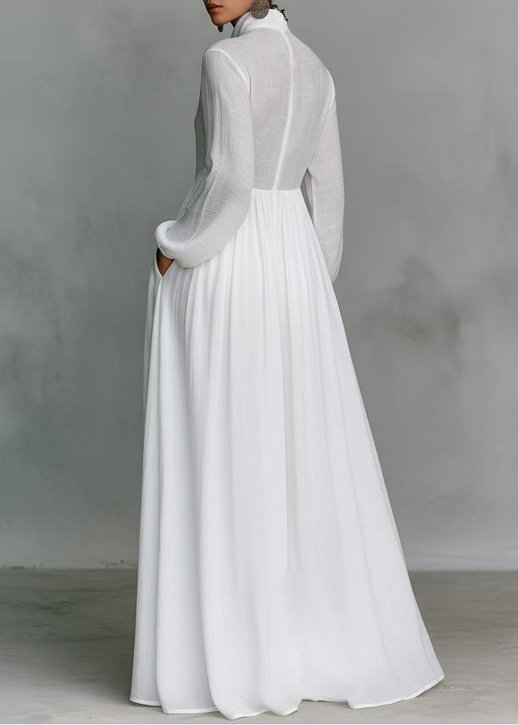 Women’s High-Neck Maxi Shirt Dress | White Button-Front Pleated Flowing Dress