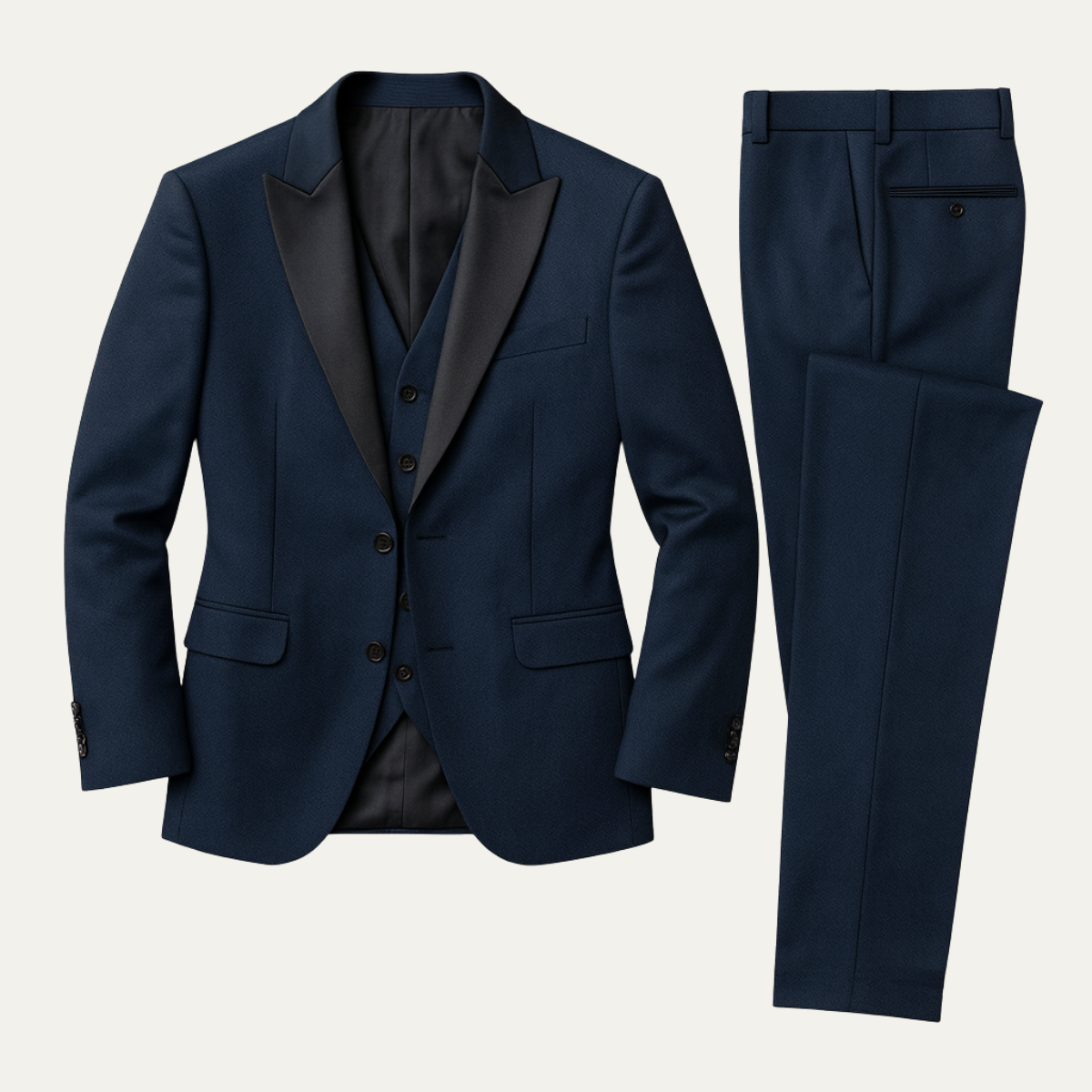 Men's three-piece suit with peak lapel blazer, waistcoat and matching trousers