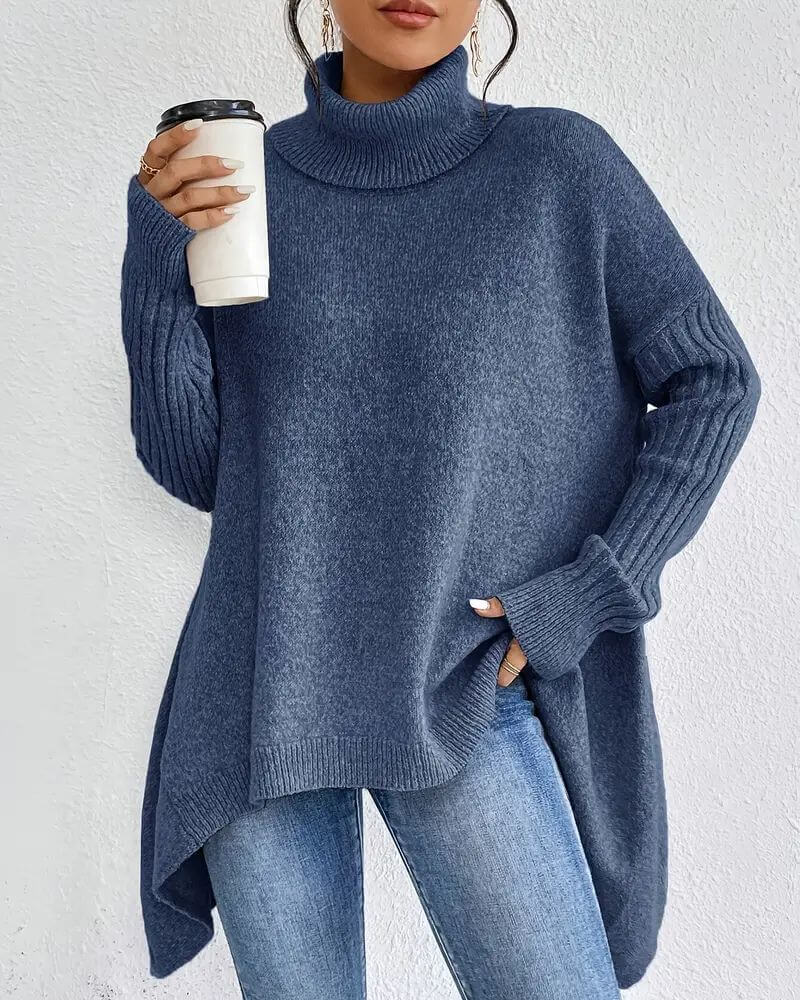 Women's asymmetric high-neck jumper with long sleeves and ribbed trims