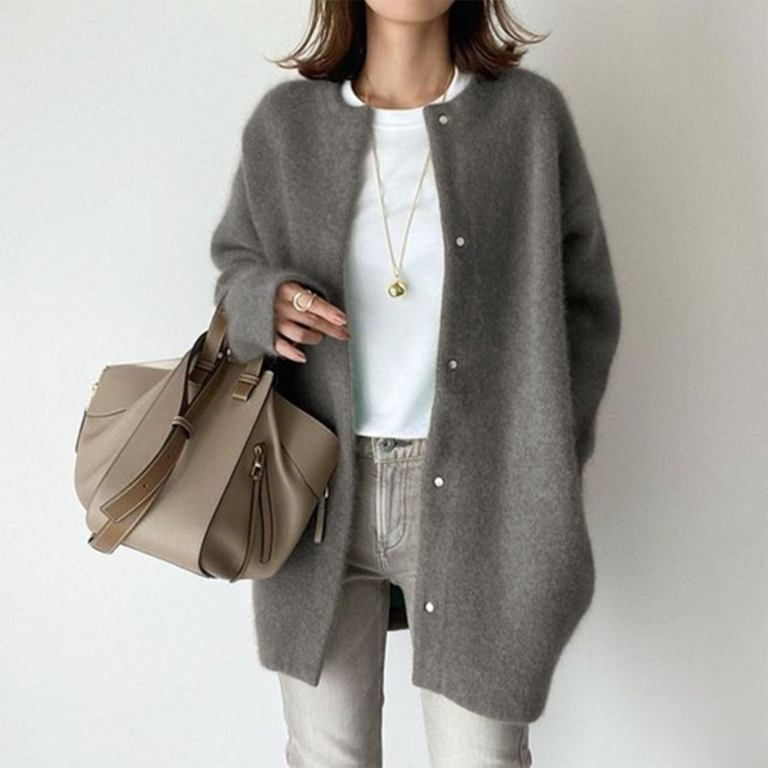 Women's longline button-front cardigan with round neckline and long sleeves