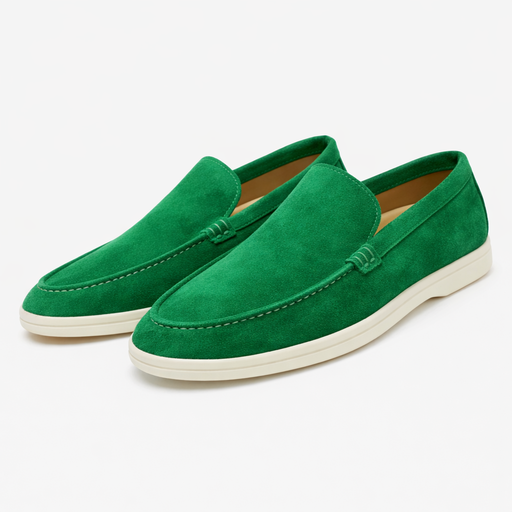 Men's moc toe slip-on loafers with stitched apron detail and low flat soles