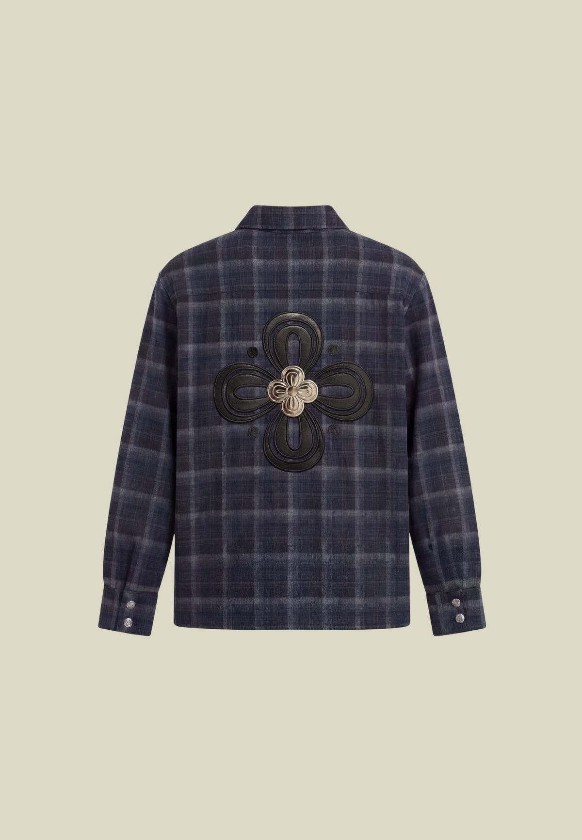 Men's navy checked long-sleeve shirt with chest pocket and floral back motif