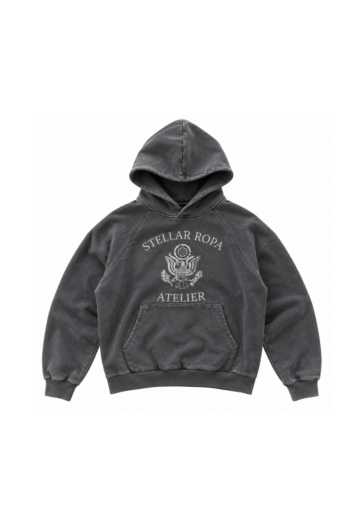 Grey unisex pullover hoodie with hood, graphic front print and kangaroo pocket