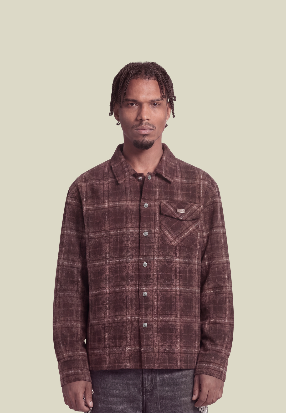 Men's deep red checked flannel overshirt with long sleeves, button front and chest pocket