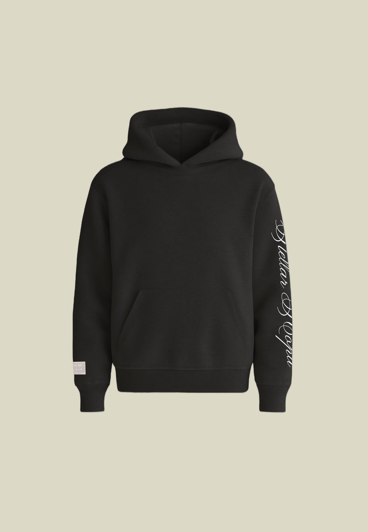 Black hooded sweatshirt with white script sleeve detailing and kangaroo pocket