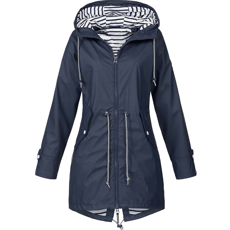 Women's Hooded Rain Jacket Drawstring Waist - Navy