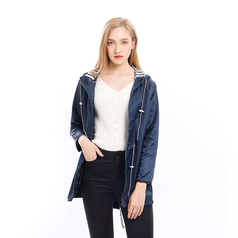 Women's Hooded Rain Jacket Drawstring Waist - Navy