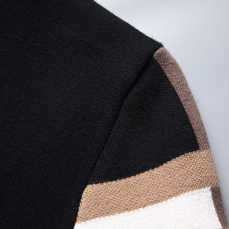 Men's open-front cardigan with striped contrast sleeves and front patch pockets