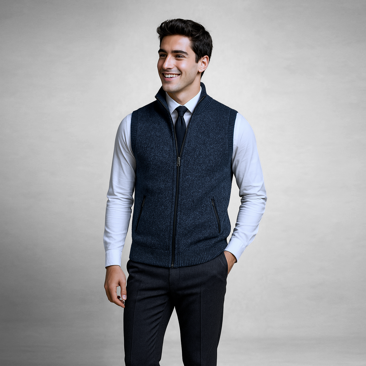 Men's sleeveless textured full-zip sweater vest with stand collar and front pockets
